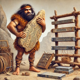 A humorous illustration of a caveman involved in network communications. The caveman, wearing traditional animal skin clothing, is standing in a primitive setting with a rocky background. He is swapping hardware components, holding a large, crude stone tablet etched with primitive symbols resembling a circuit board. Next to him, a wooden rack holds various stone and wooden devices shaped like modern routers and switches. The scene conveys a funny juxtaposition of ancient technology and modern networking concepts.